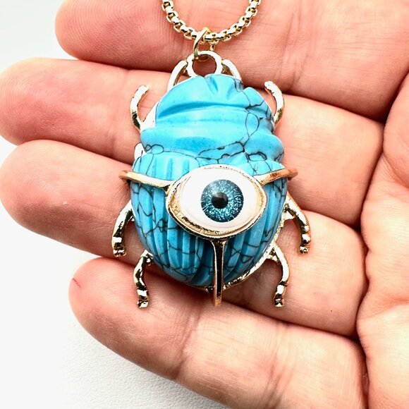 Evil Eye Necklace Blue Turquoise Gemstone Scarab Beetle Pendant Gold Plated - Picture 4 of 5